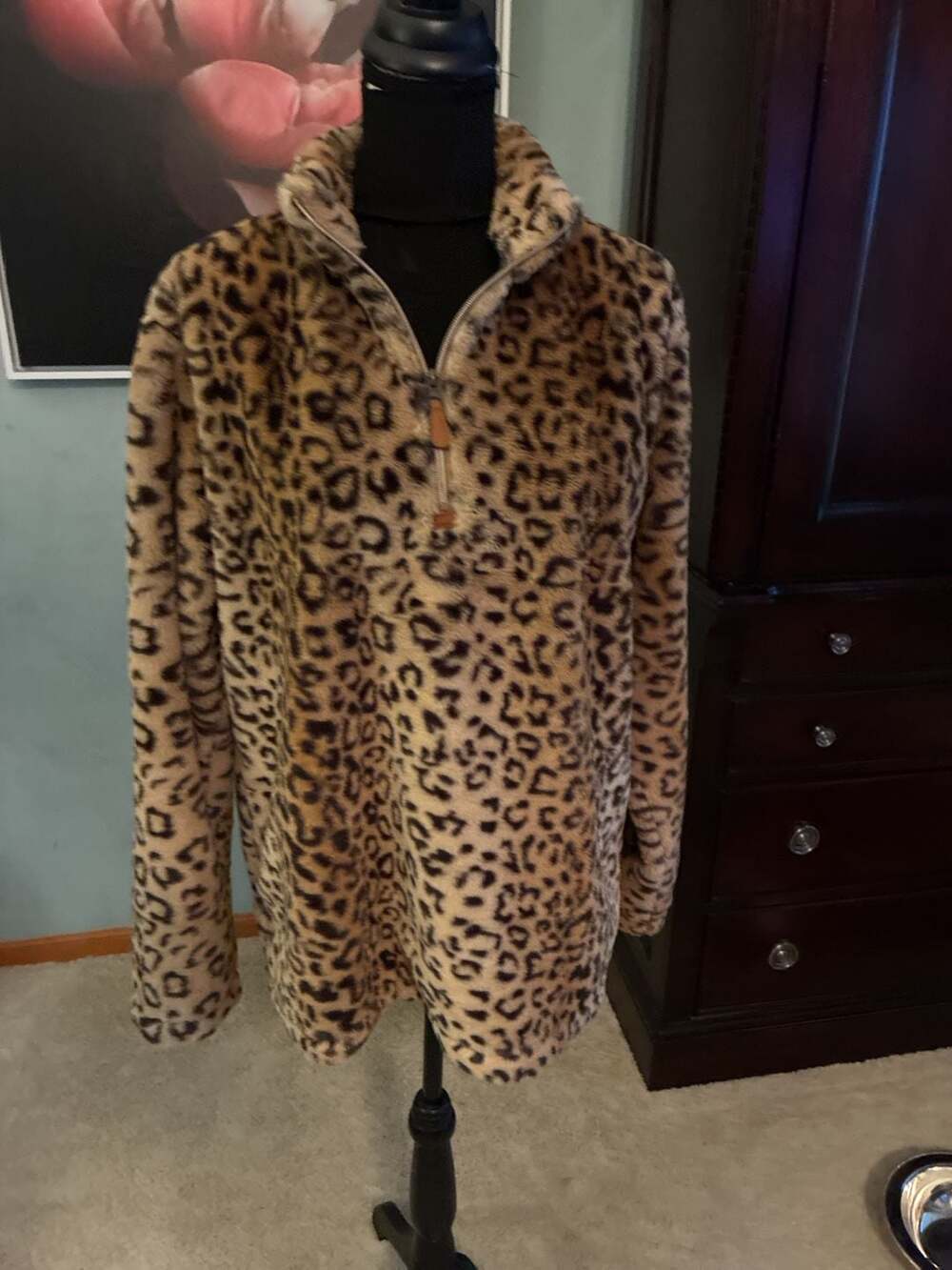 Pink Lily Boutique Leopard Print Faux Fur Half-Zip Pullover Sz M A676